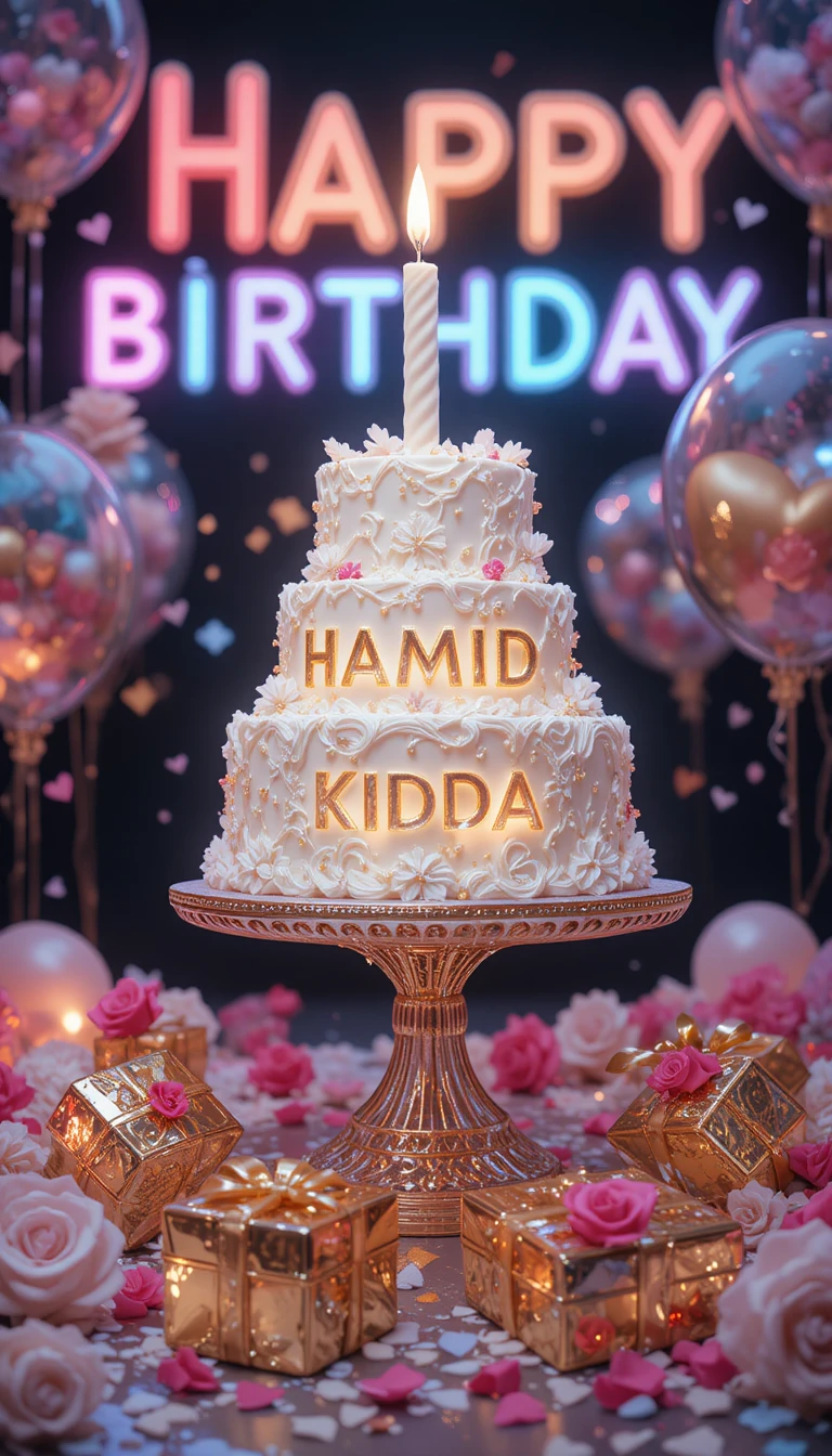 Luxurious white birthday cake with glowing gold lettering