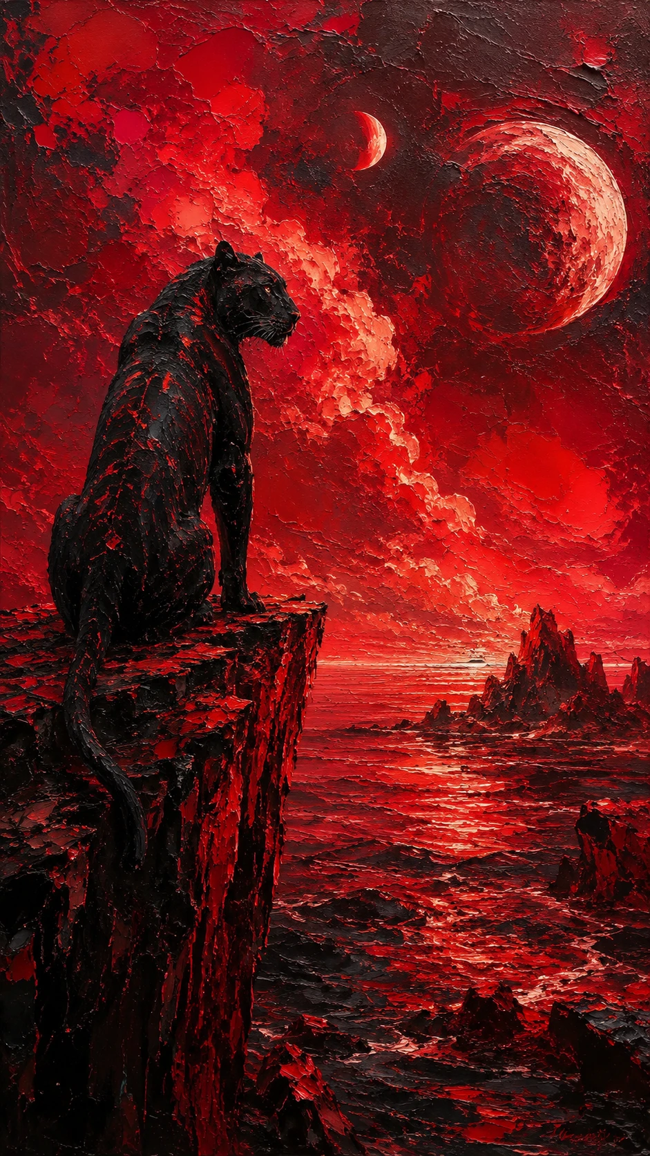 Ancient panther on a cliff above a glowing alien sea