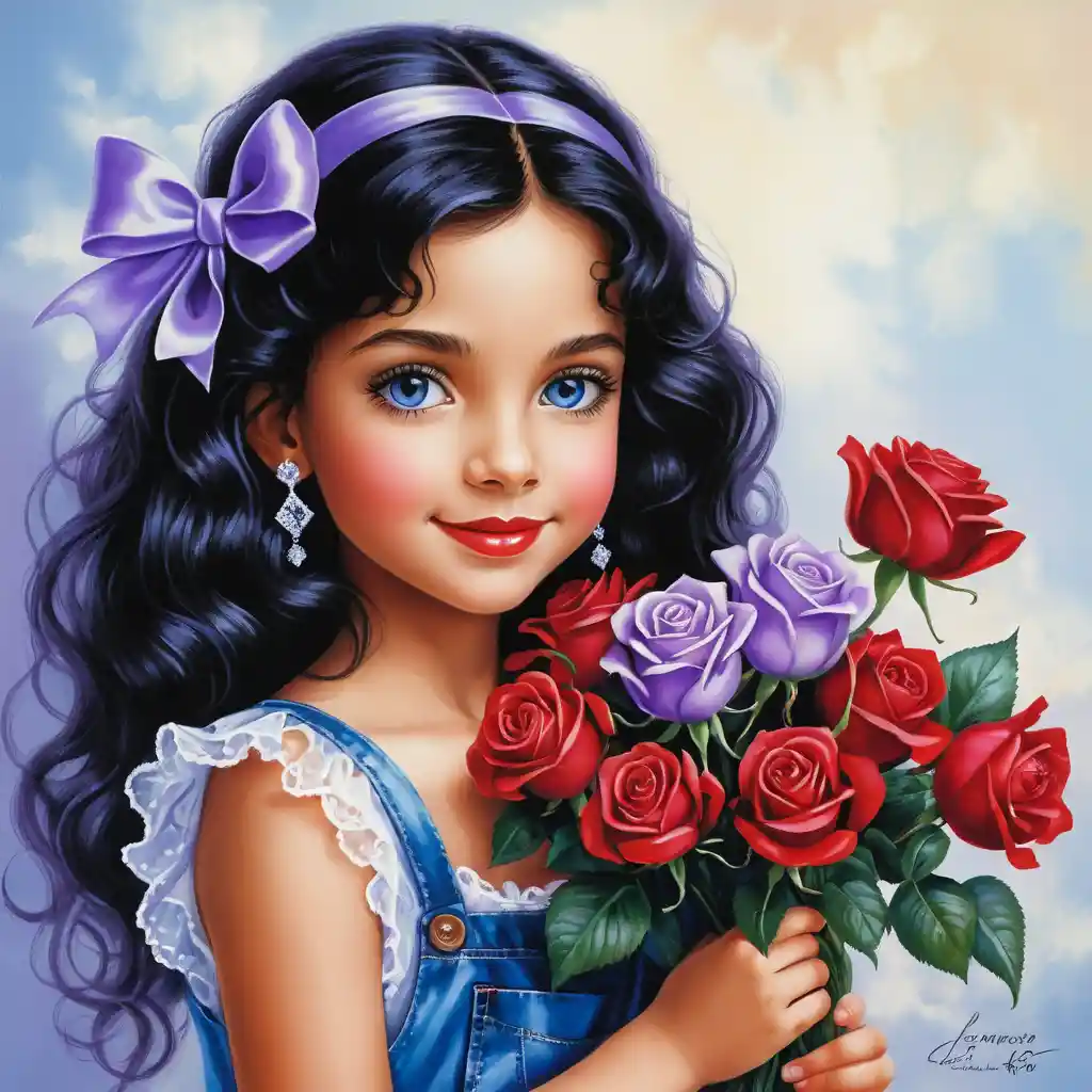 Smiling girl with roses in lavender satin blouse