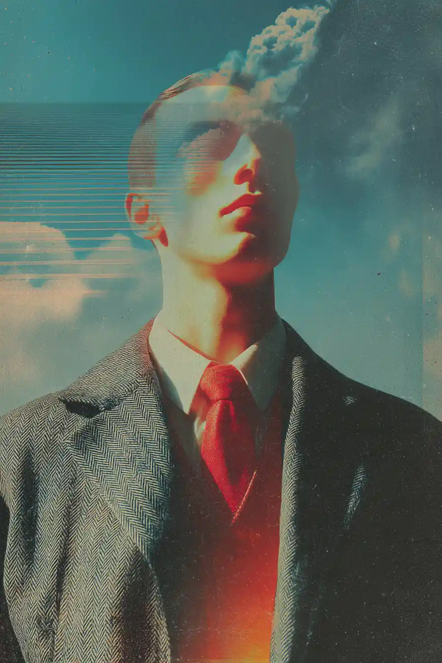 Ängstlicher Mann in surrealer, minimalistischer Vintage-Collage