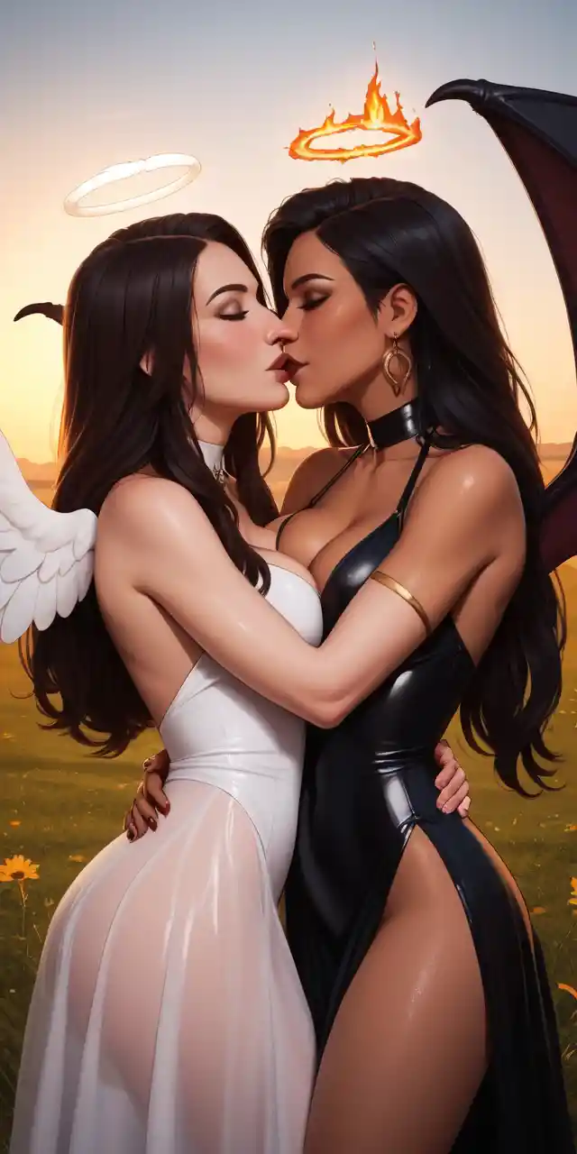 Demonic brunette woman posing in a burning field