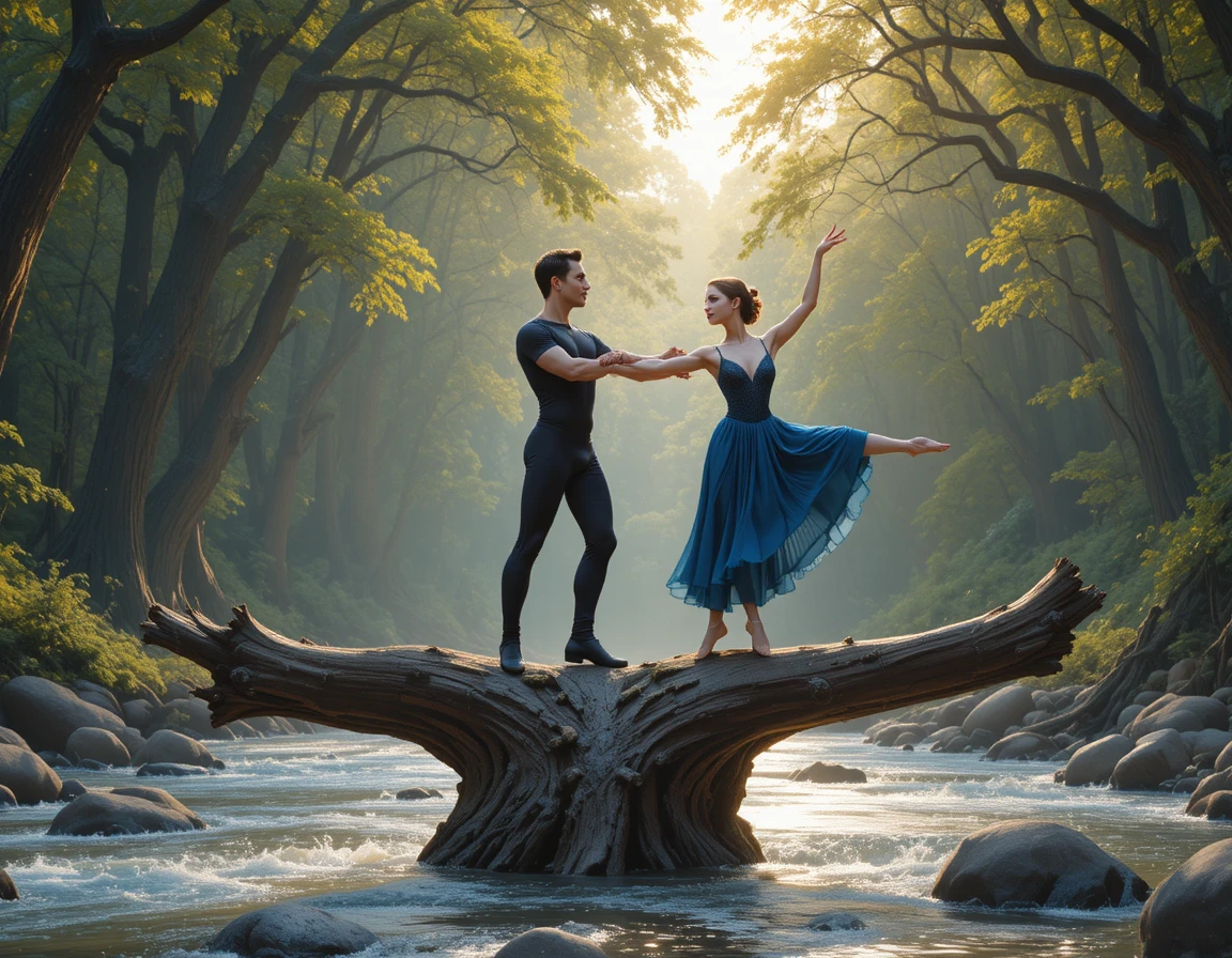 Middle aged dance couple balancing on a log over river