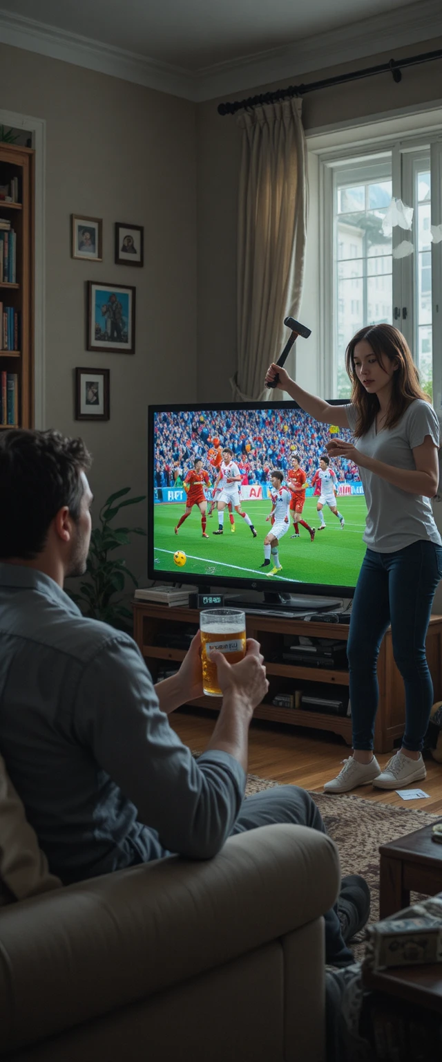 Man Watching Football On Tv In A Living Room