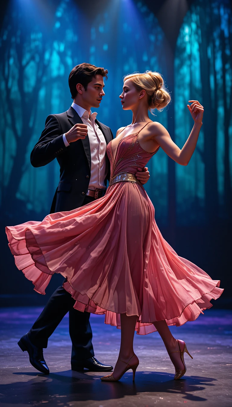 Elegant couple dancing on a spotlight stage in motion