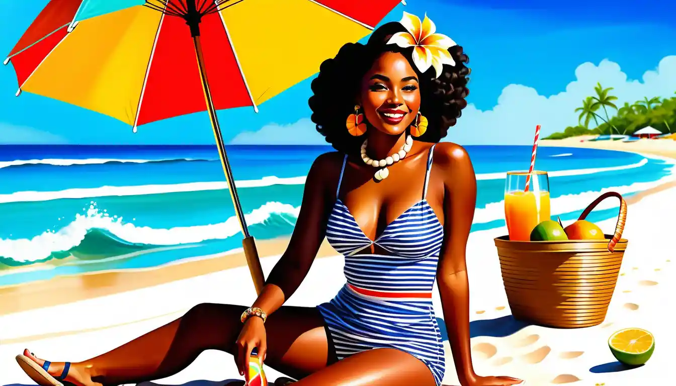 Radiant woman relaxing in a floral swimdress at the beach