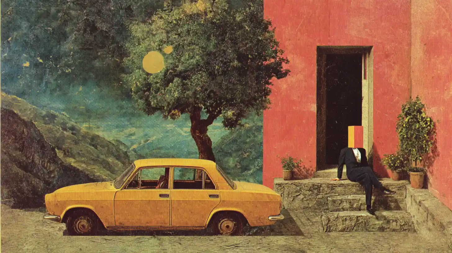 Surreal city of square headed people under a square sun