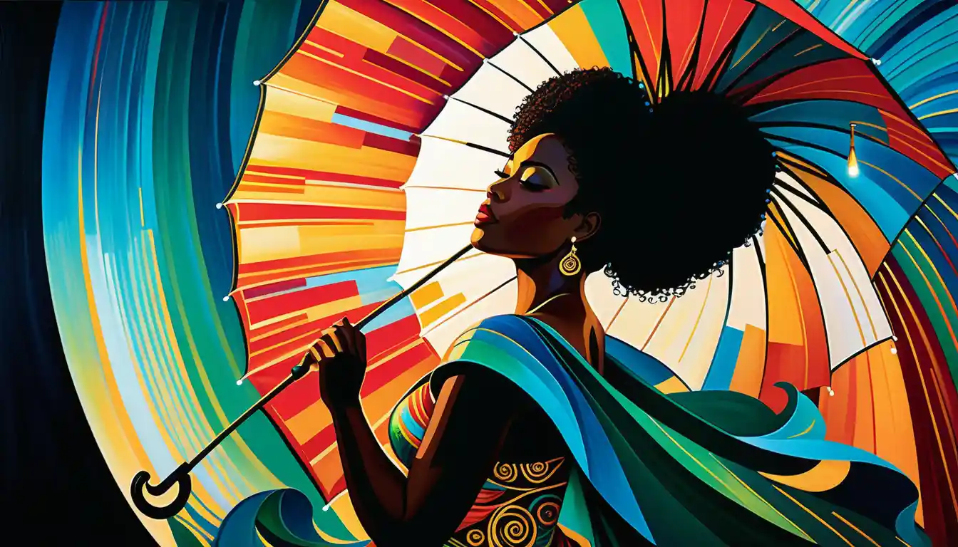 Curvy black woman with radiant umbrella in glowing matrix