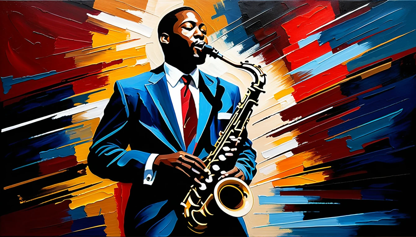 Impasto jazz musician playing saxophone in vintage club