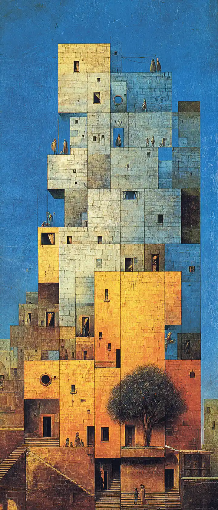Surreal Square World With Cars Trees Houses And People