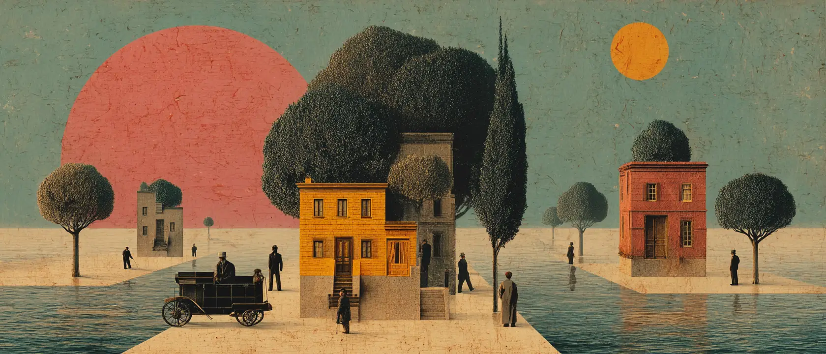 Surreal world of square people cars trees and houses