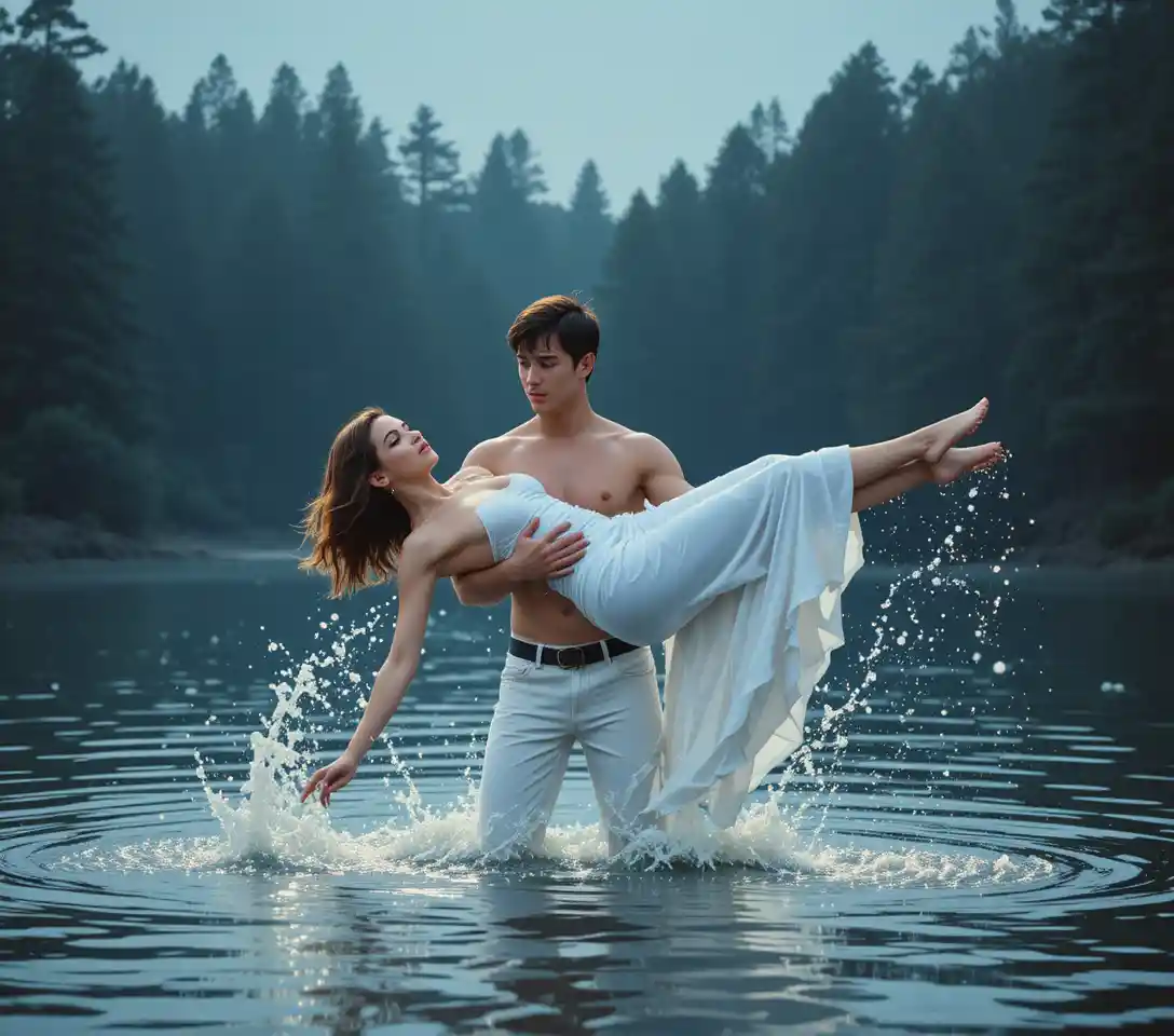 Romantic dance lift in a dark lake at twilight