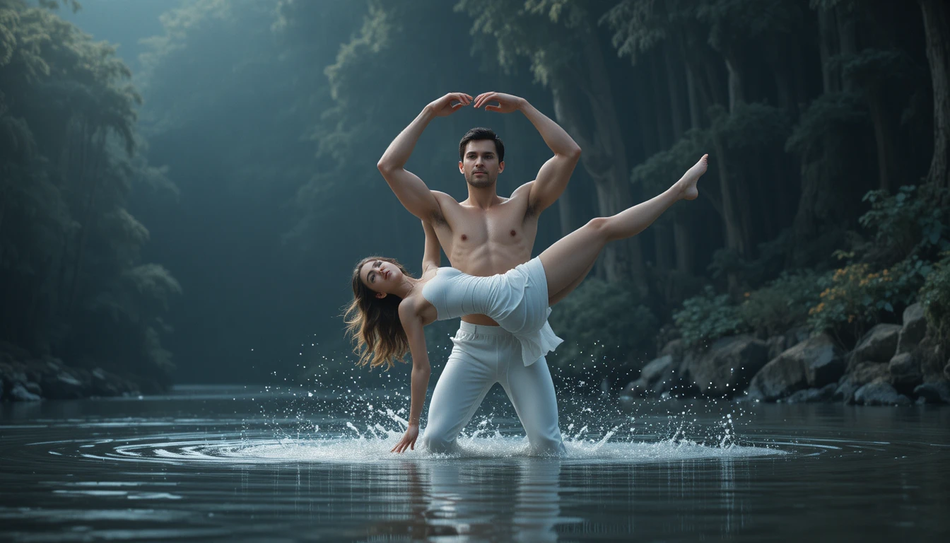 Romantic dance lift of a couple in a dark lake