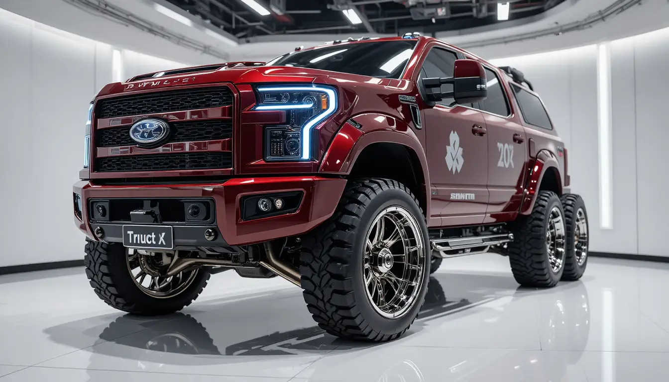 Customized red army truck in a bright white showroom