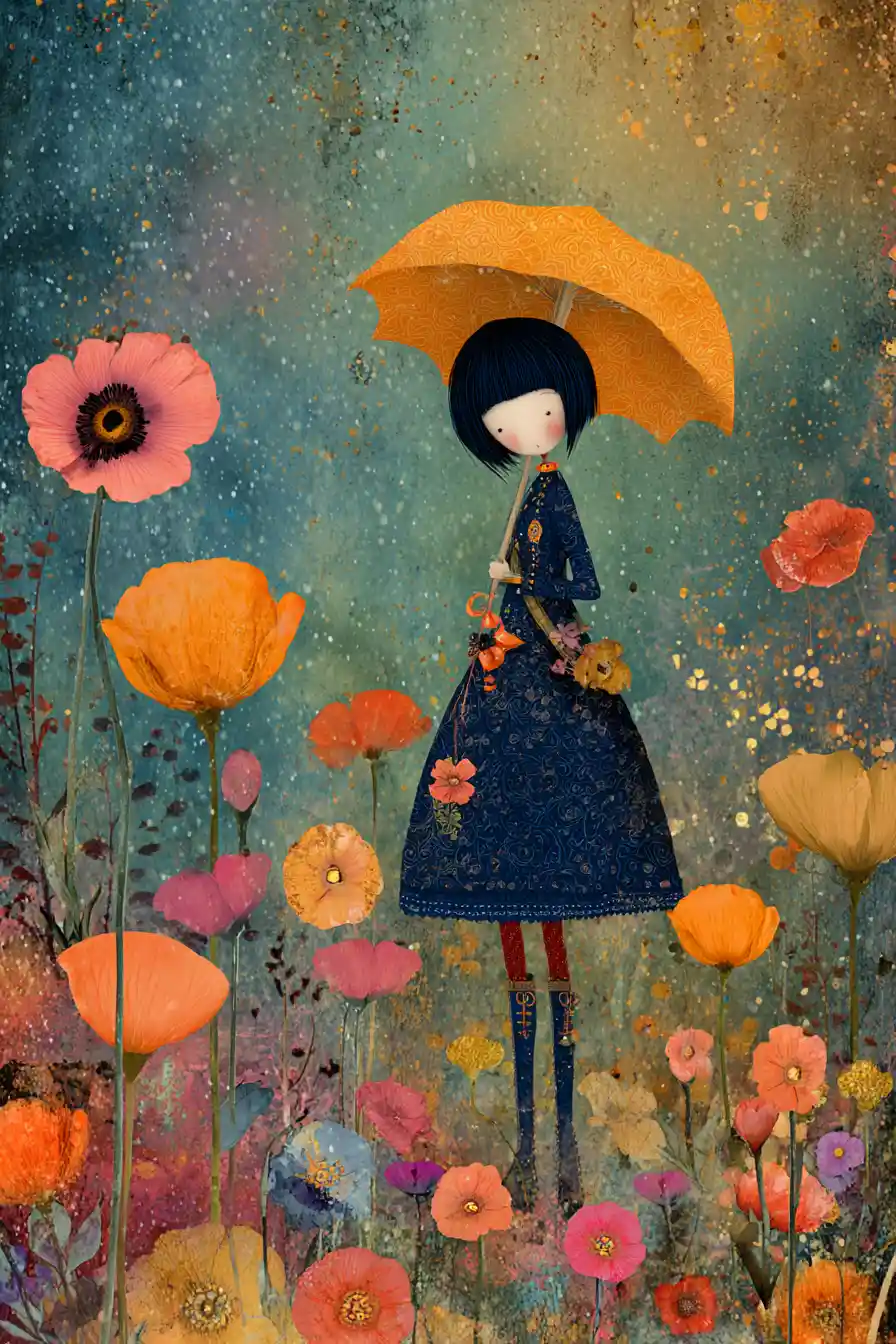 Illustrazione fantasiosa in mixed media con ricchi colori primaverili