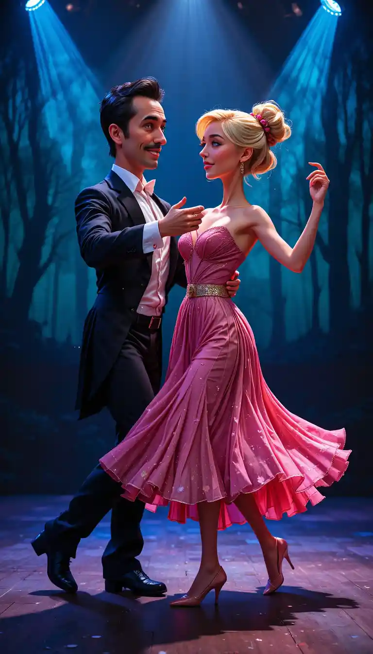Elegant couple dancing energetically on a spotlight stage
