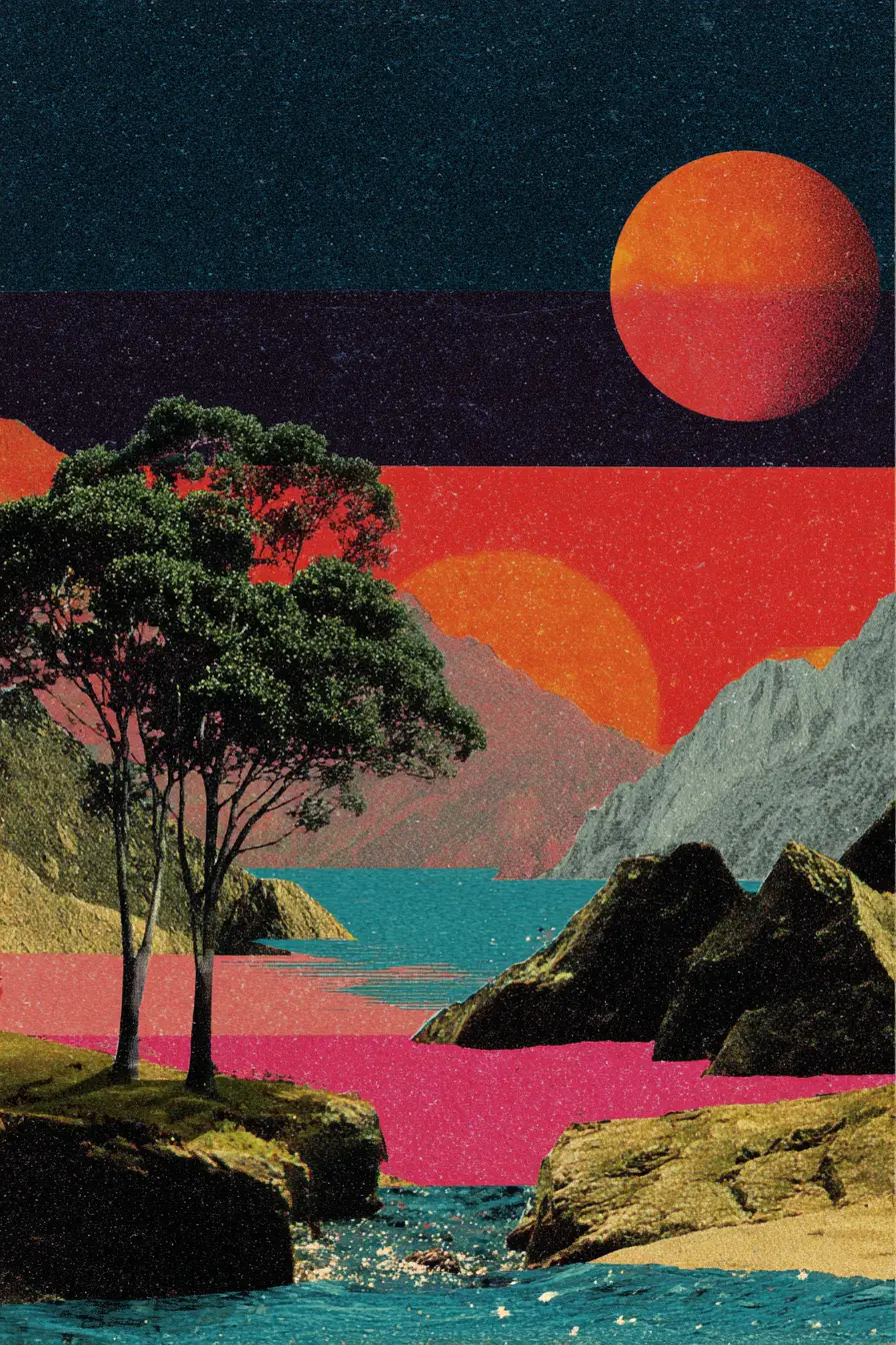 Surreal vintage collage with minimalist dreamy abstract composition