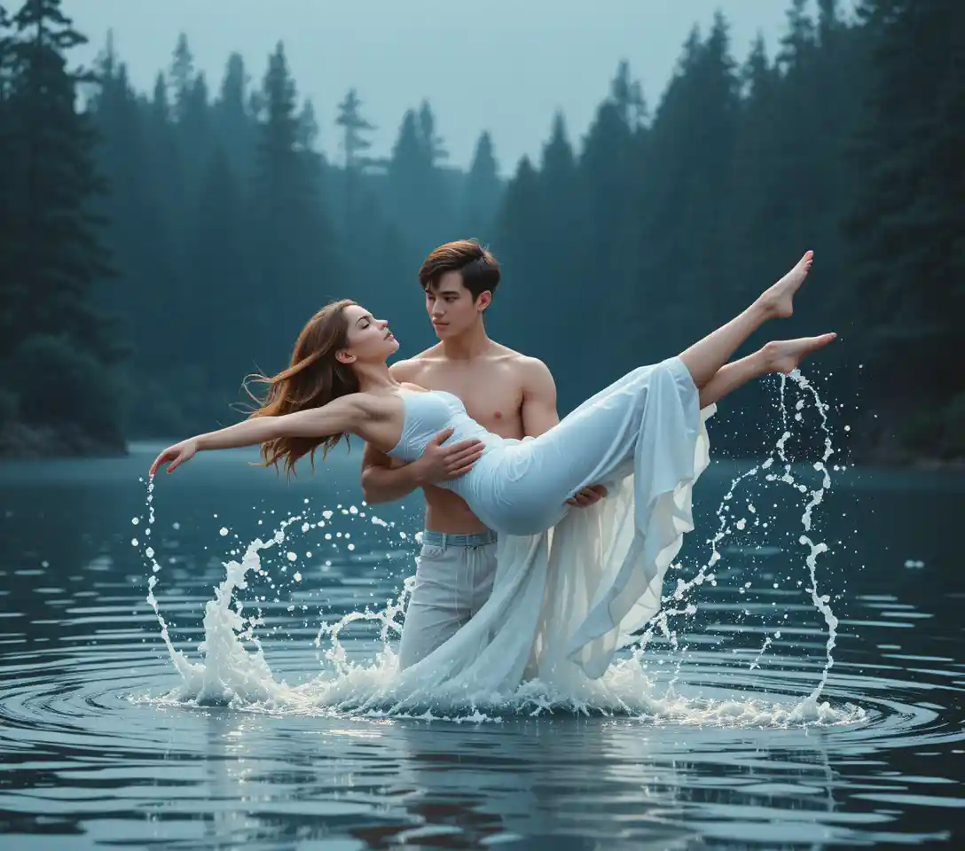 Romantic dancing couple in water beneath dark forest