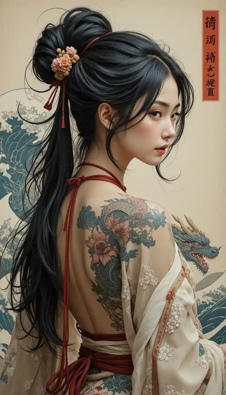 Asian woman with dragon tattoo and red rope belt