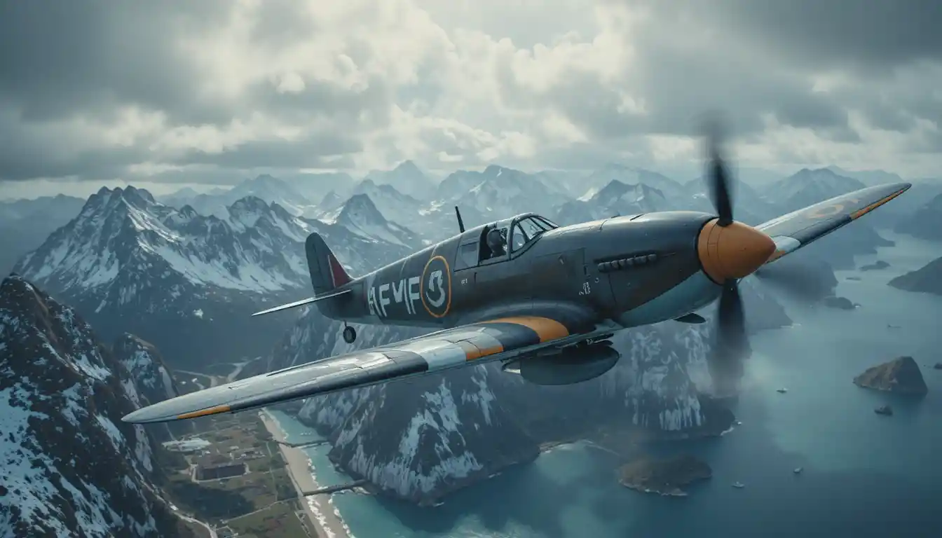 Caccia della Seconda guerra mondiale in battaglia sopra scogliere marine in tempesta