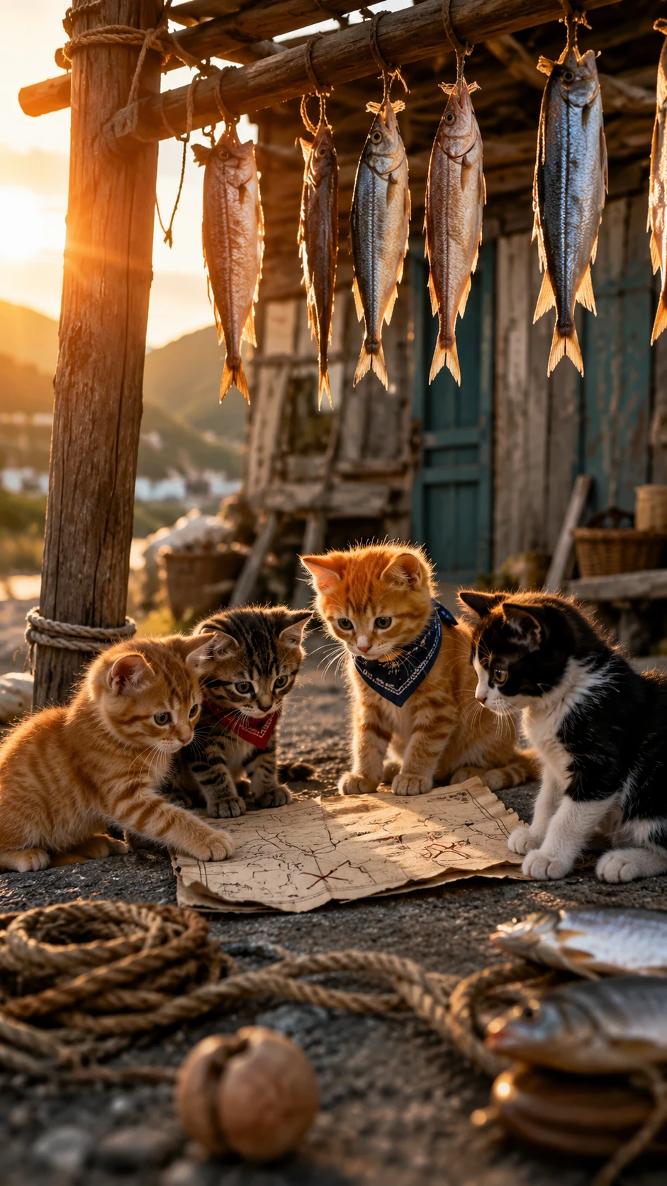 Gatitos juguetones tramando bajo un rústico tendedero de pescadores