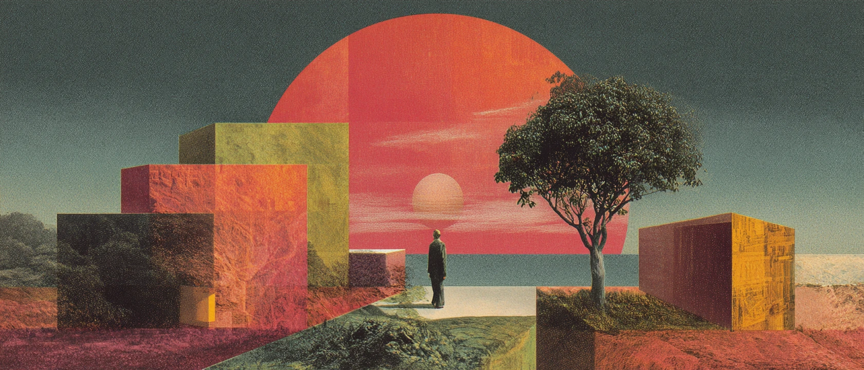 Surreal square world with cars trees houses and sun