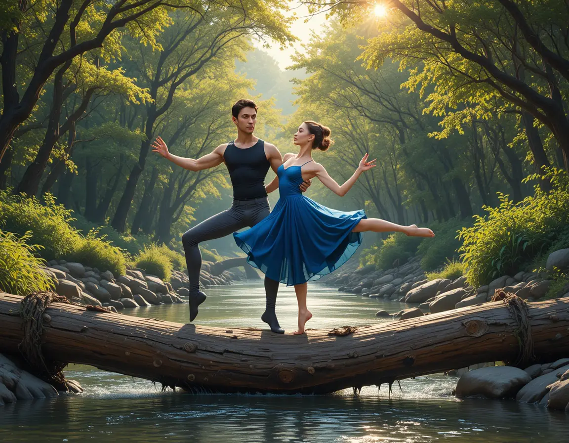 Middle aged dance couple balancing on a log over river
