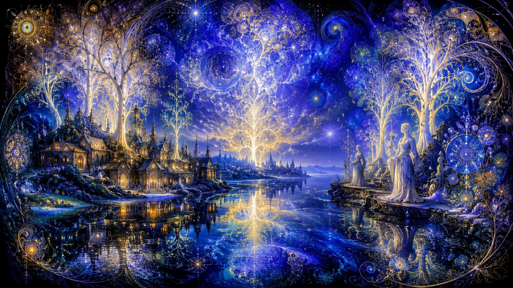 Paisaje de fantasía onírico con árboles blancos y lago reflectante