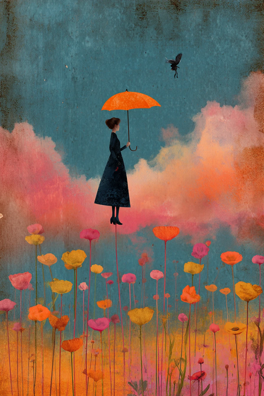 Whimsical mixed media illustration in dark rich pop colors