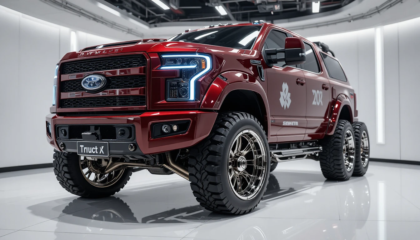 Customized red army truck in a bright white showroom
