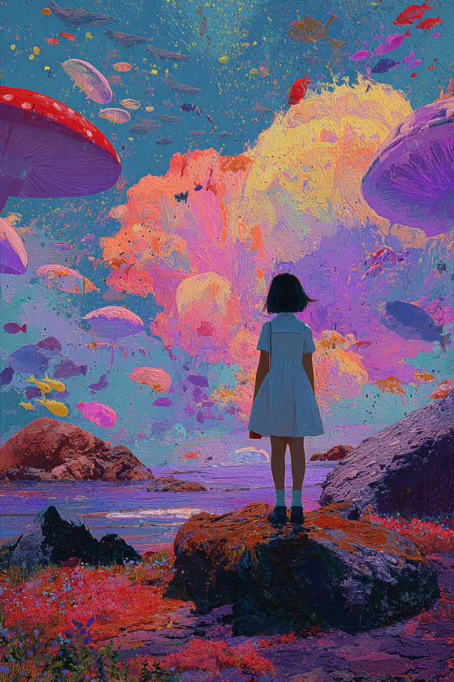 Ilustración surrealista y fantasiosa en un rico estilo de lienzo colorido