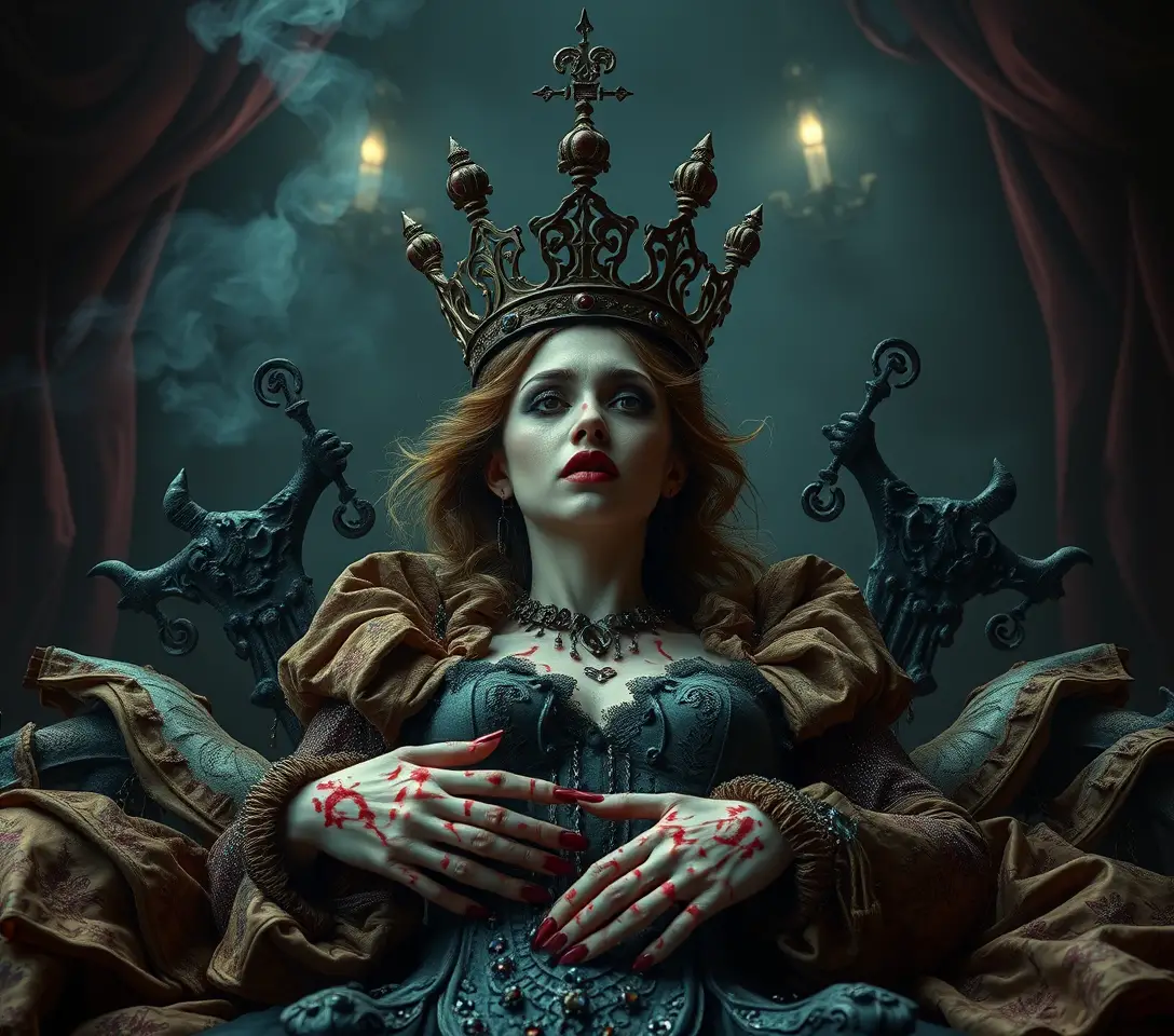 Creatura coronata surreale in una scena di horror comico distorto