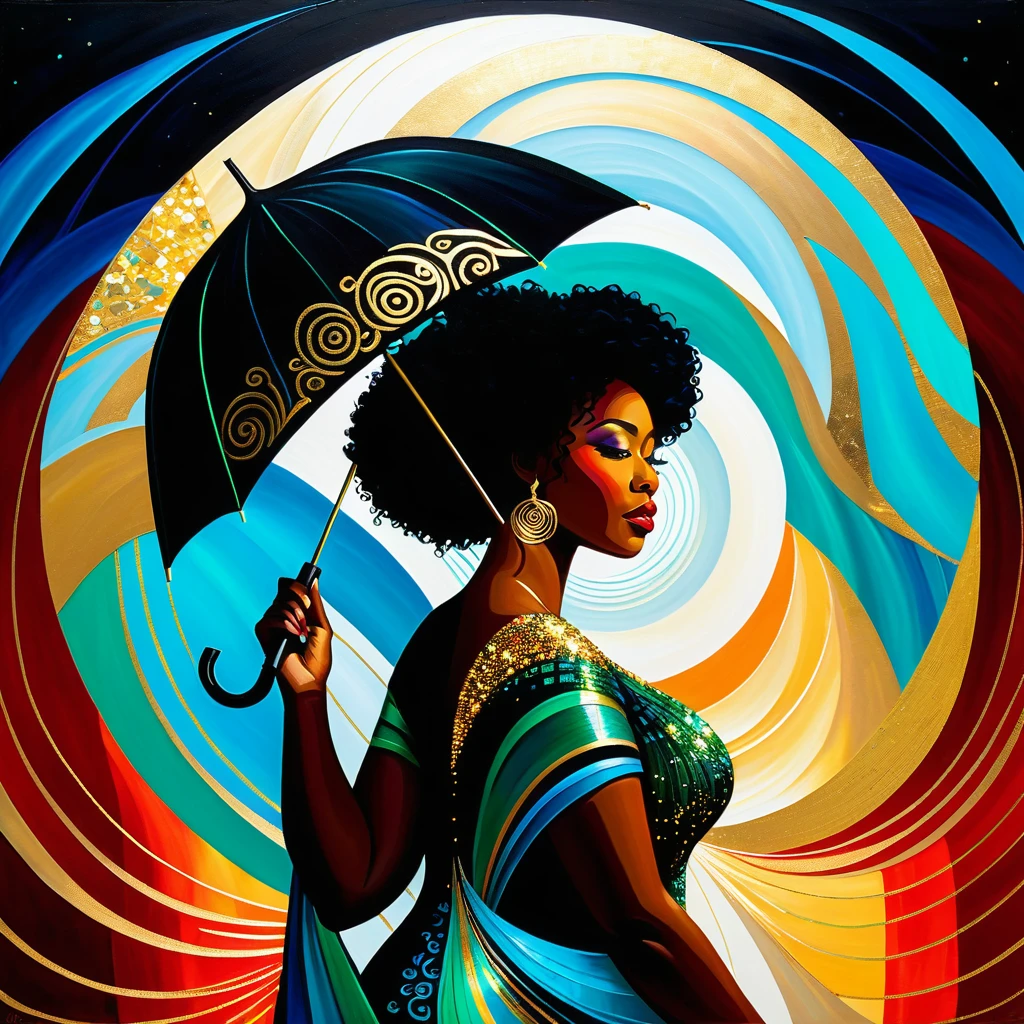Curvy black woman with radiant umbrella in glowing matrix