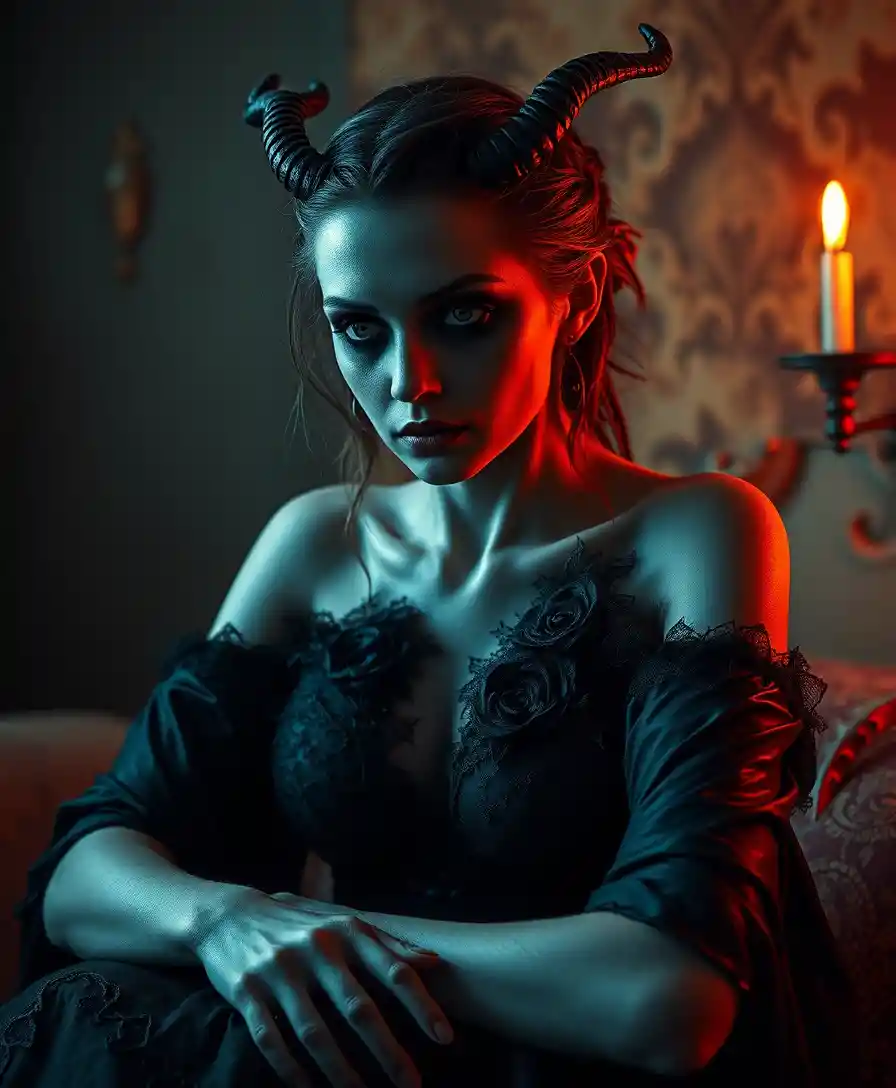 Surreal strigoi woman waiting with mysterious comic horror aura