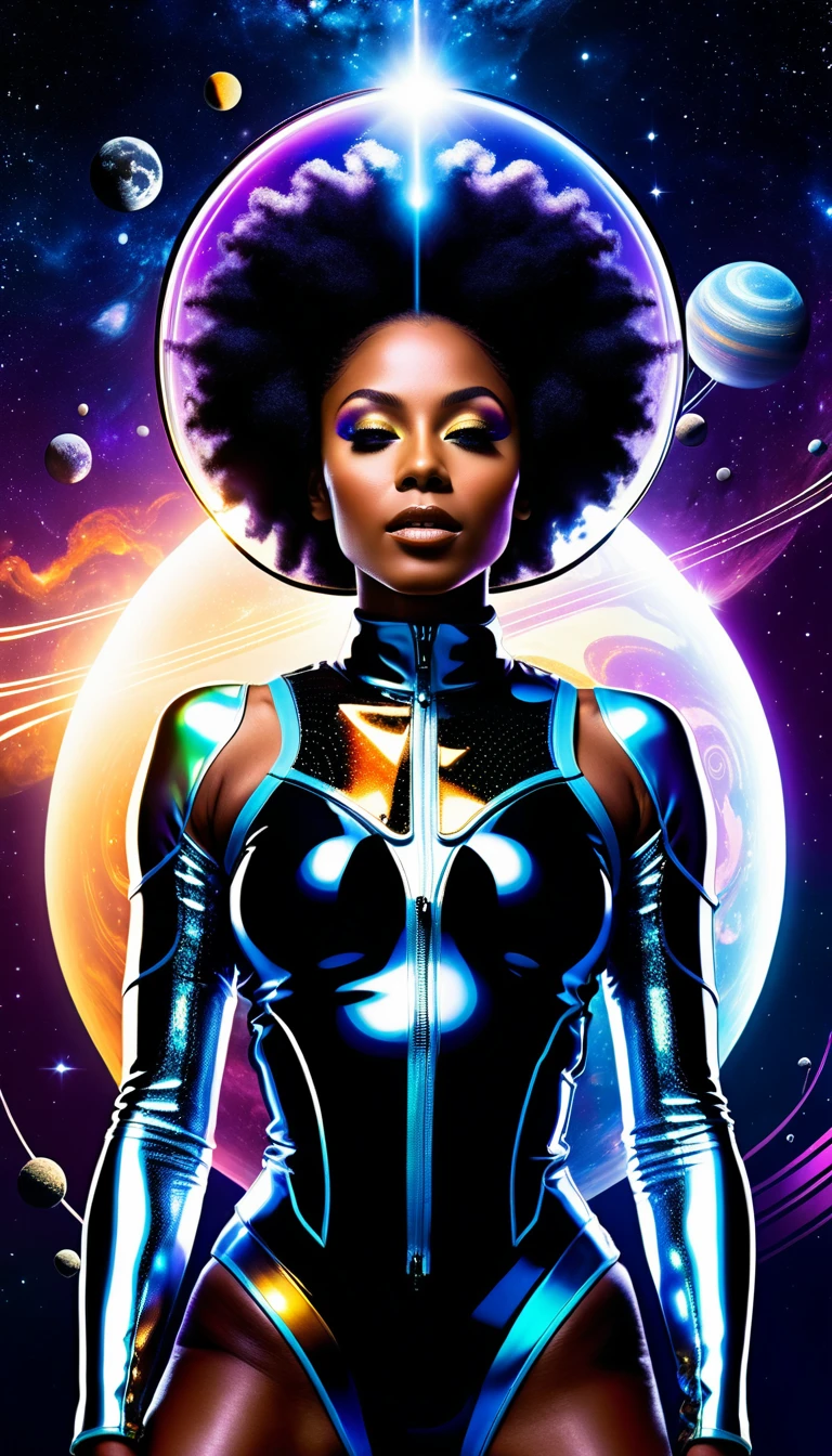 Black female bassist floating in cosmic zero gravity