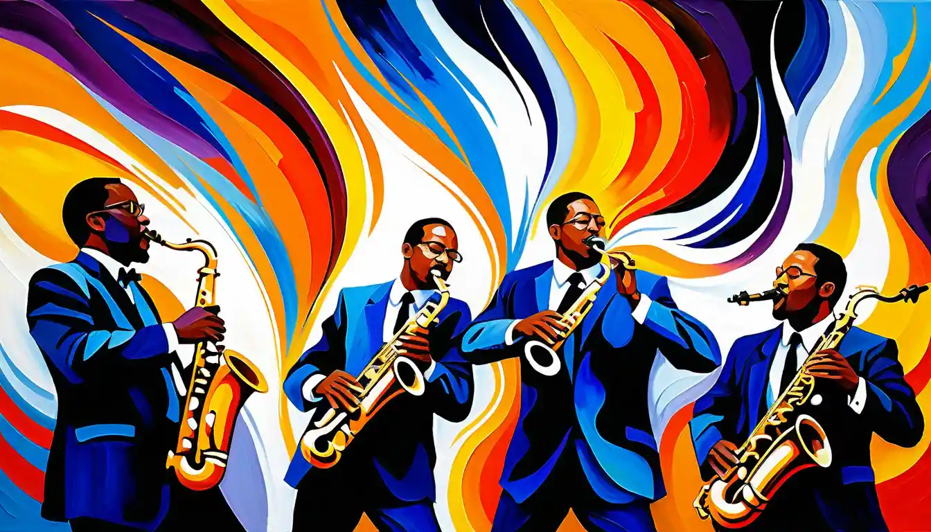 Expressive impasto painting of three jazz saxophone musicians
