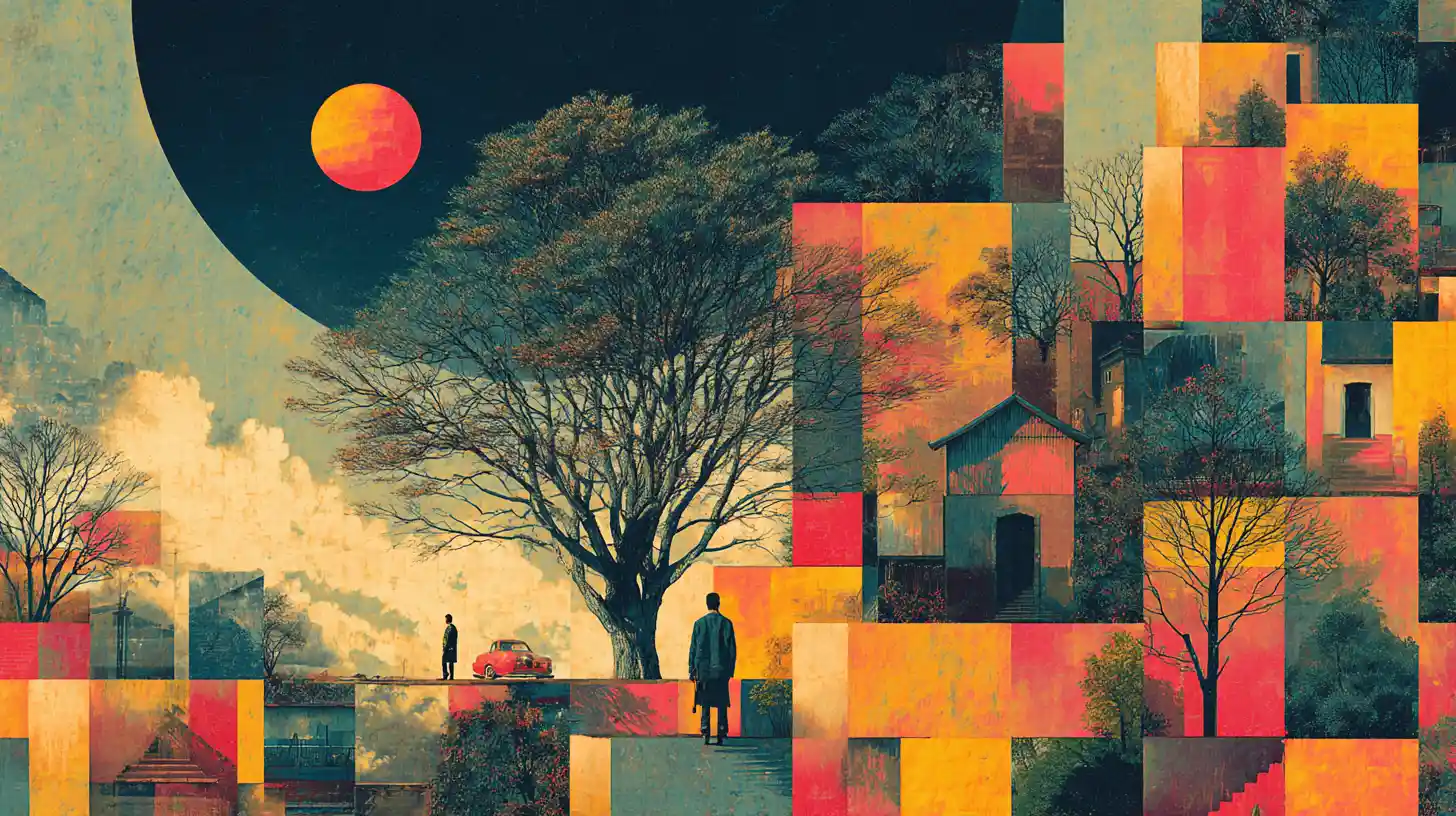 Surreal square world with geometric people and objects