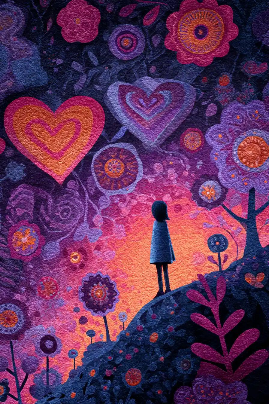 Whimsical surreal illustration in rich dark playful colors