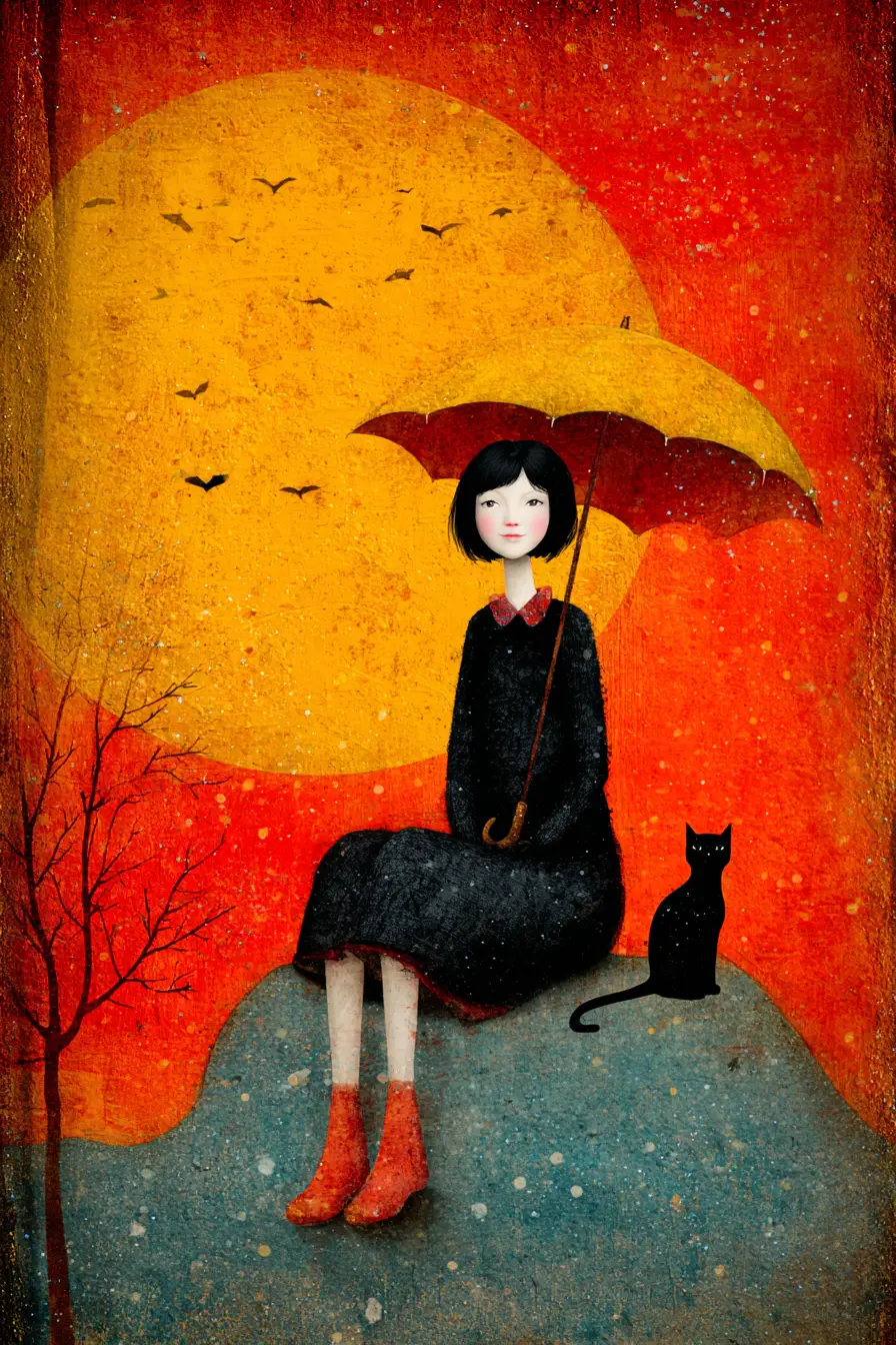 Verspielte Mixed-Media-Illustration mit satten dunklen Pop-Farben