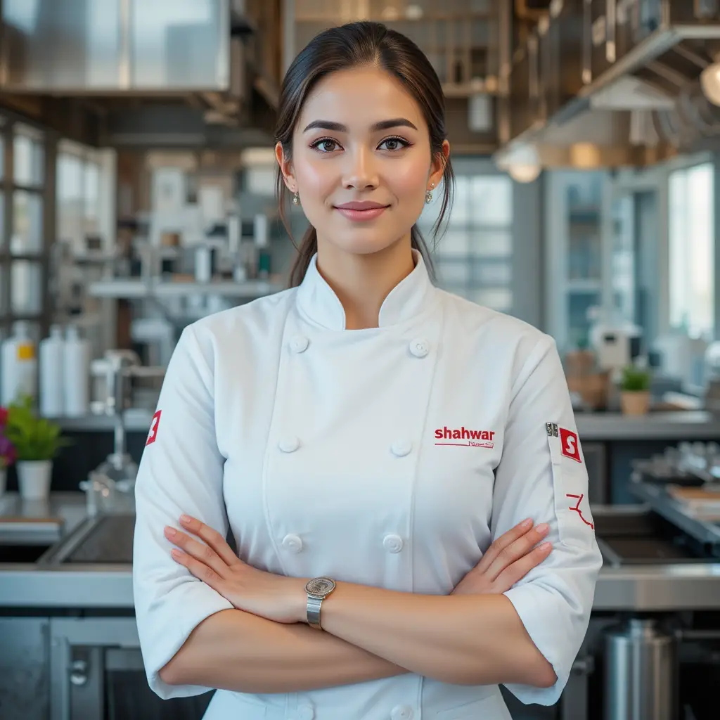Köchin in weißer Uniform mit rotem Food-Markenlogo
