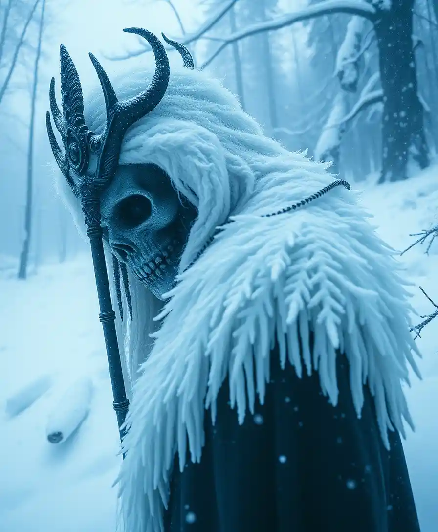 Dark guardian woman in a surreal winter fantasy scene