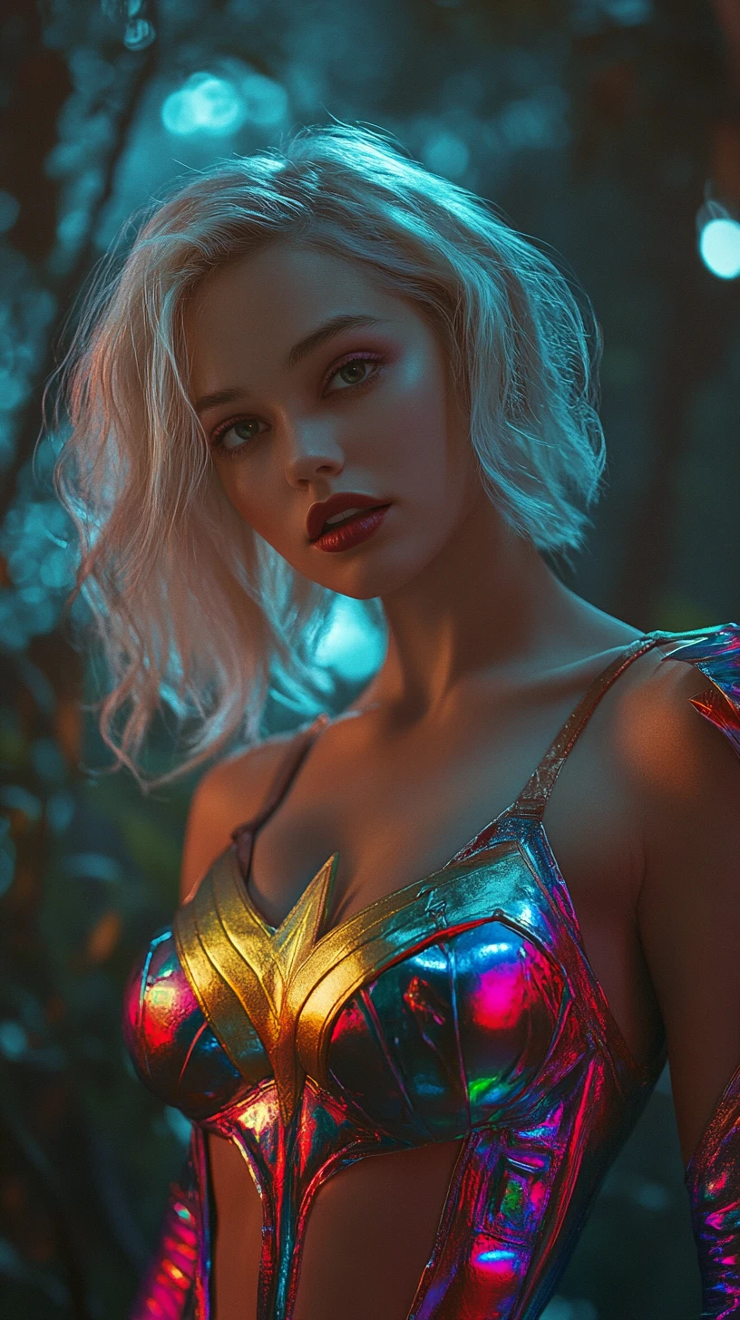 Blonde superhero woman in metallic romper under full moon