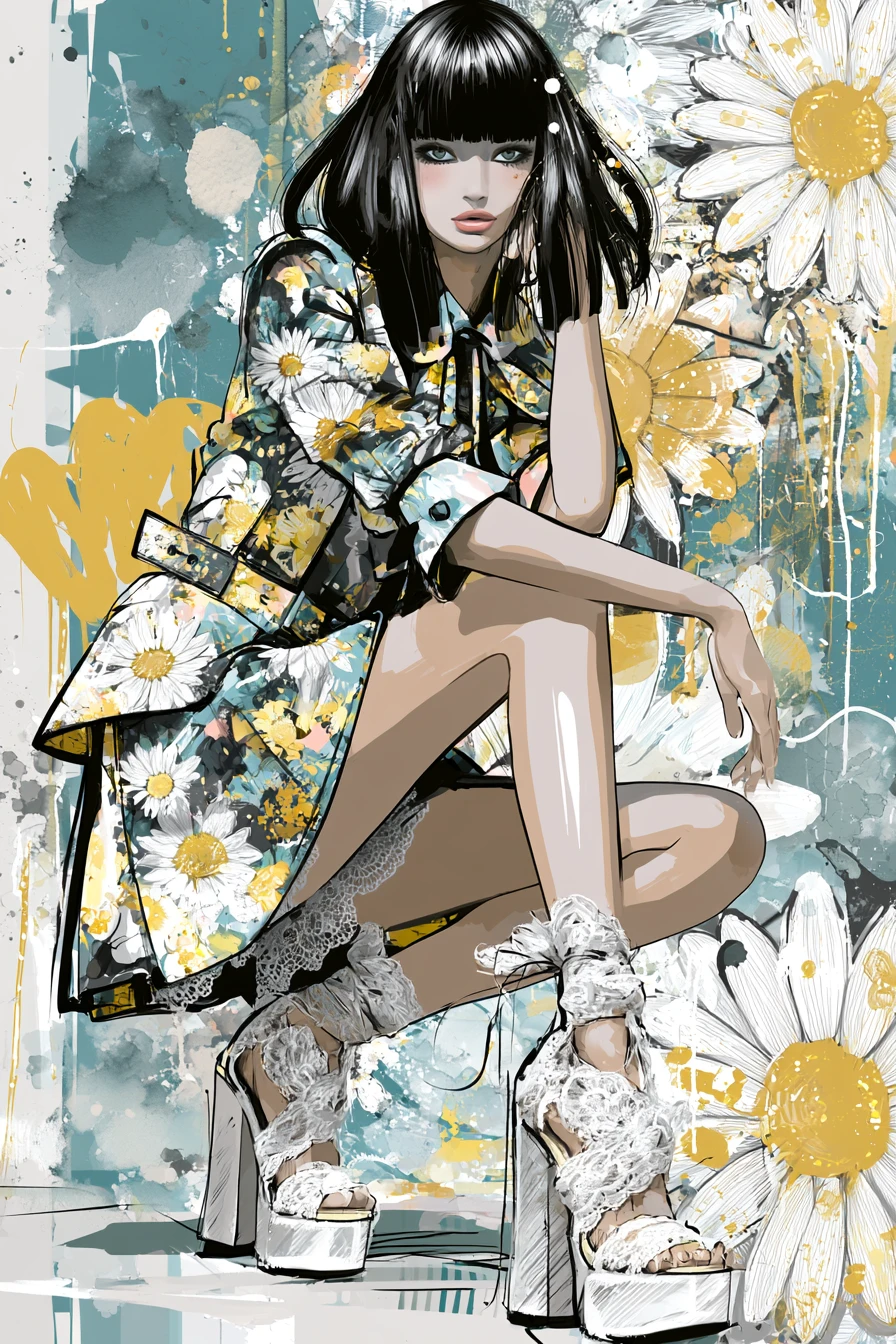 Ilustración de moda con temática de margaritas y modelo de alta costura elegante