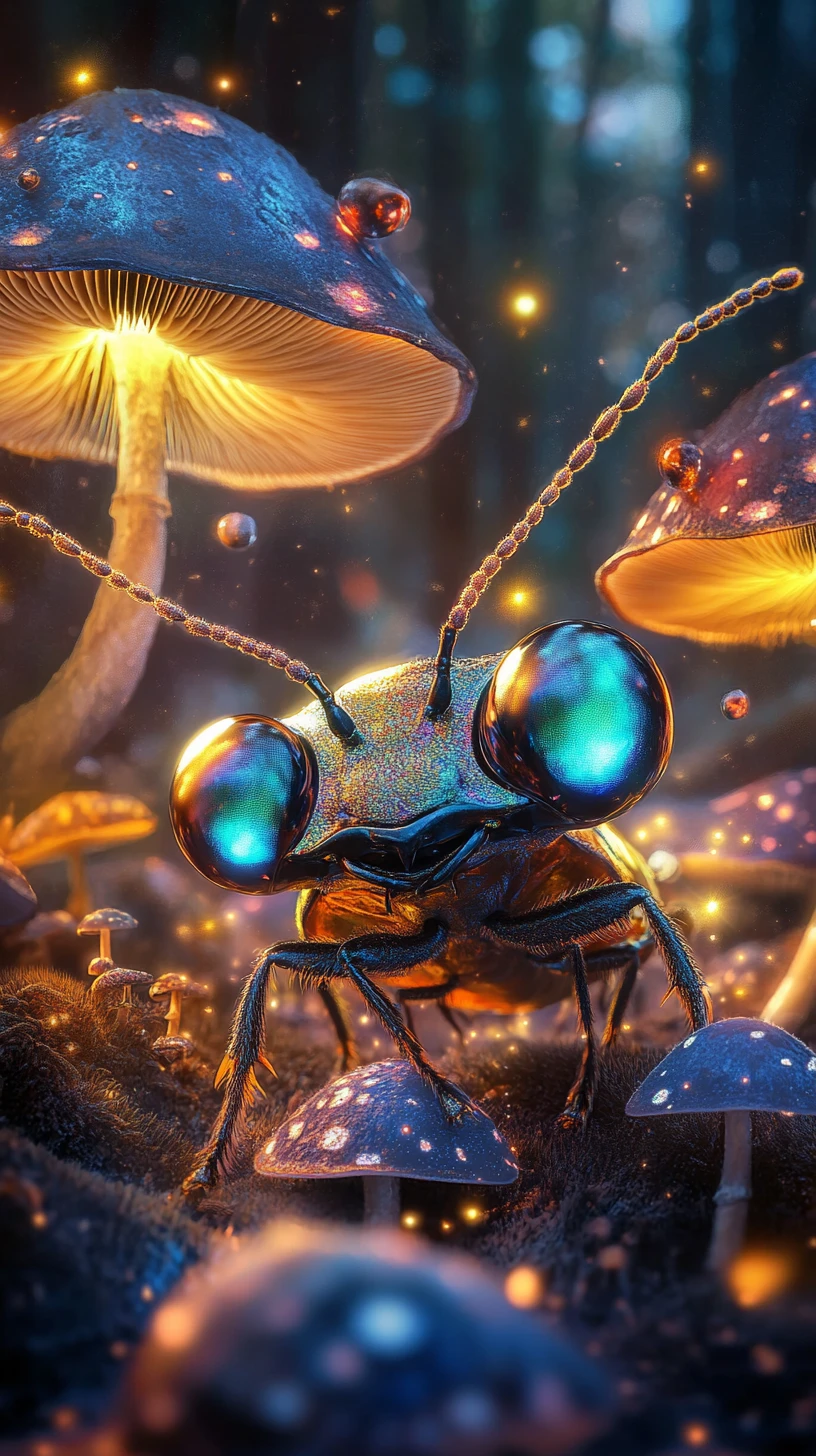 Tiny iridescent beetle in a glowing fantasy mushroom forest