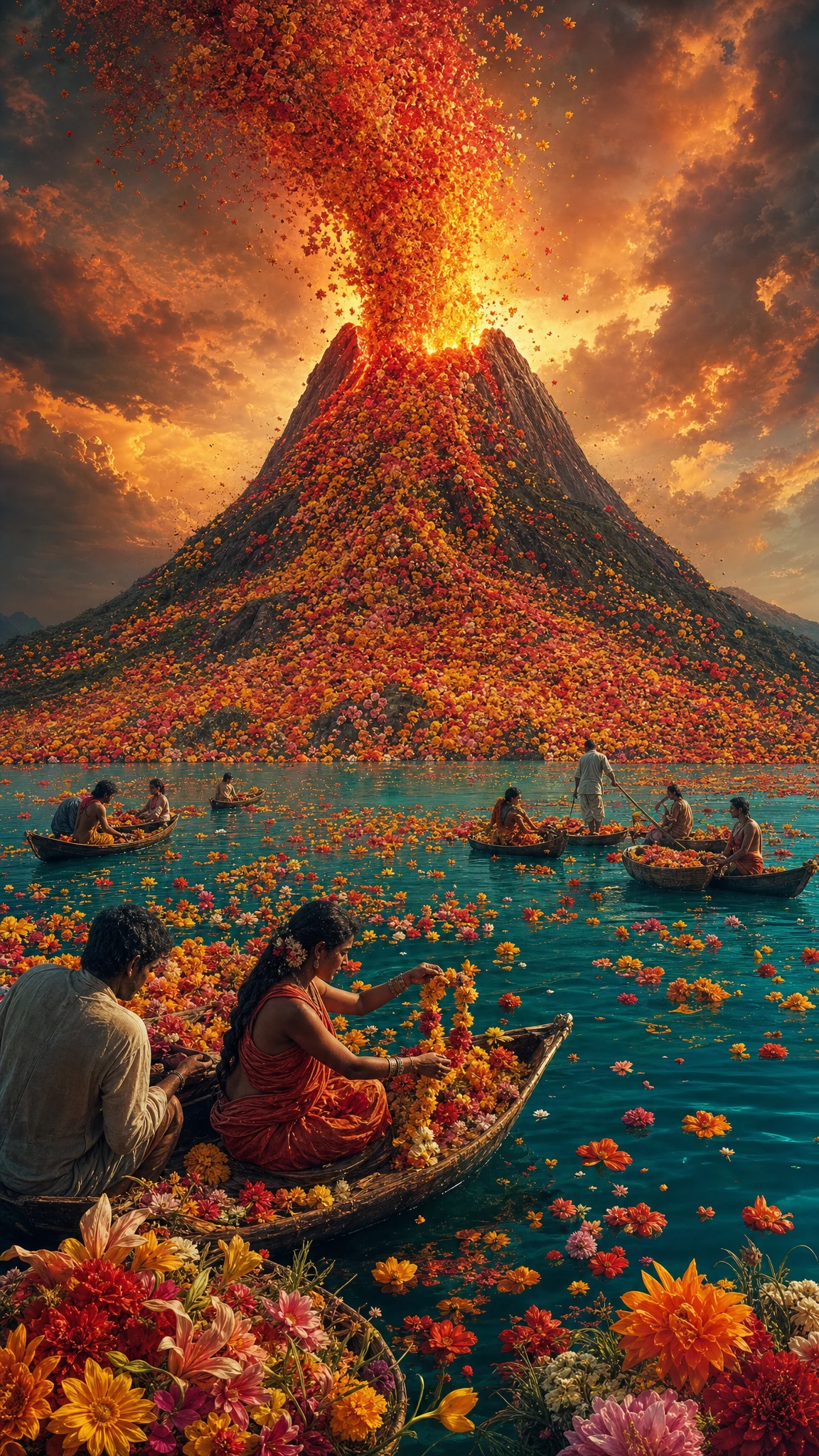 Surreal volcano erupting blossoms over a tranquil turquoise sea