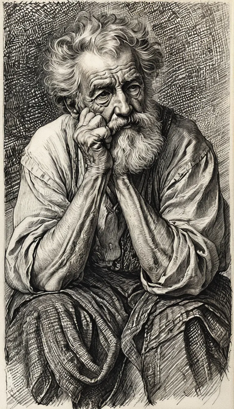 Engraved portrait of a thoughtful old man with intense gaze