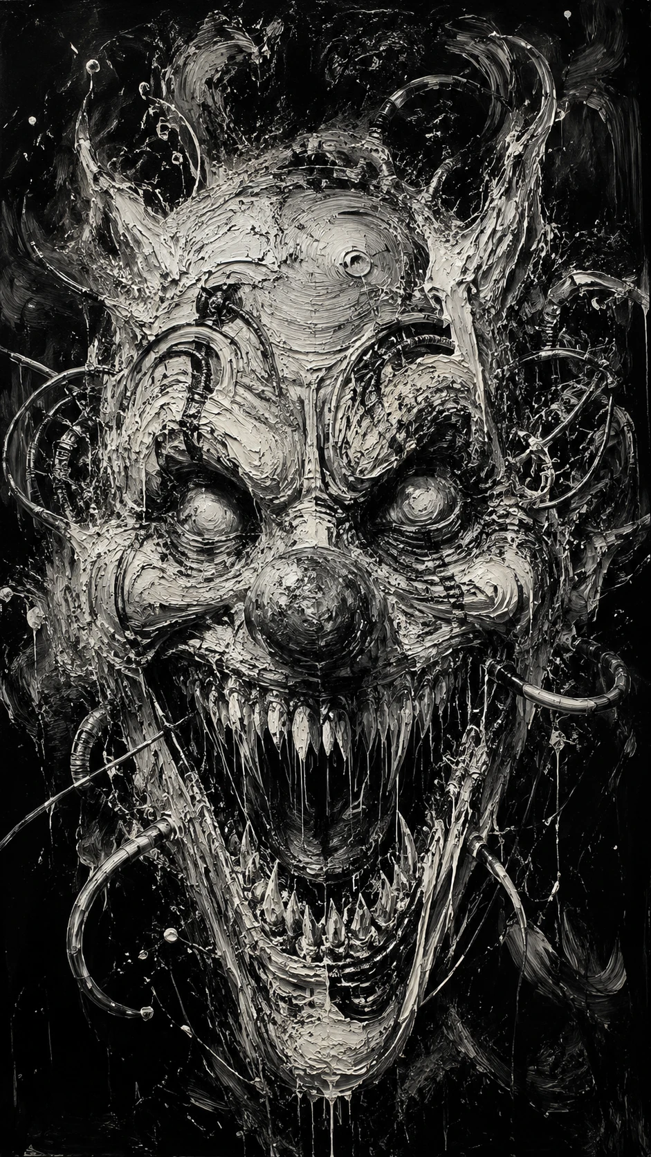 Grotesque demonic clown face on dark abstract painted canvas