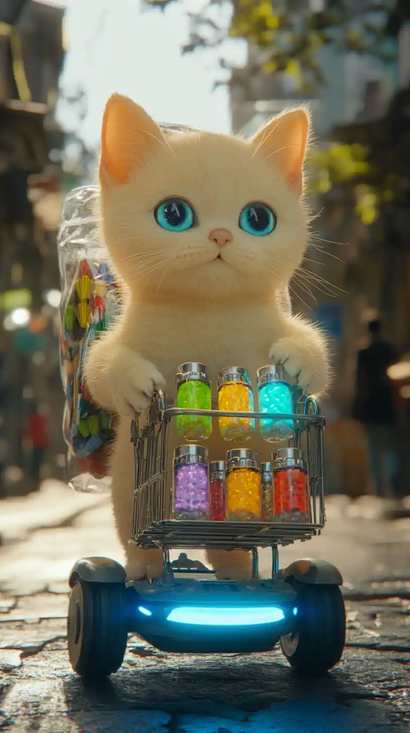 Cute cartoon cat on hoverboard in sunny city street