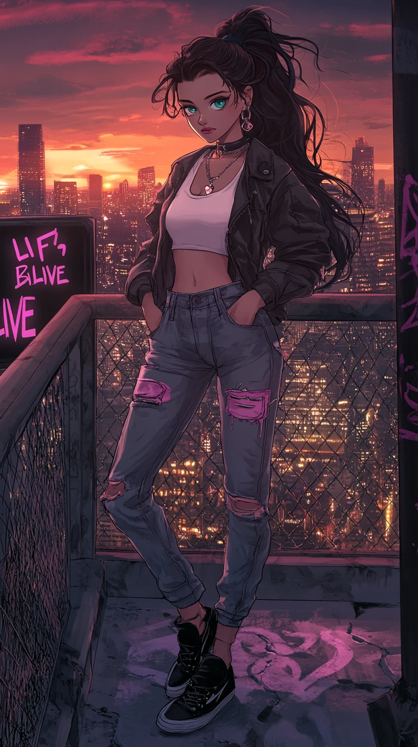 Fille d’anime sur terrasse de toit éclairée au néon au coucher du soleil
