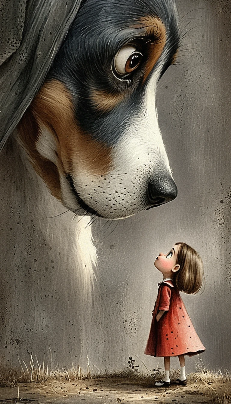 Giant beagle facing a tiny girl in dramatic digital art