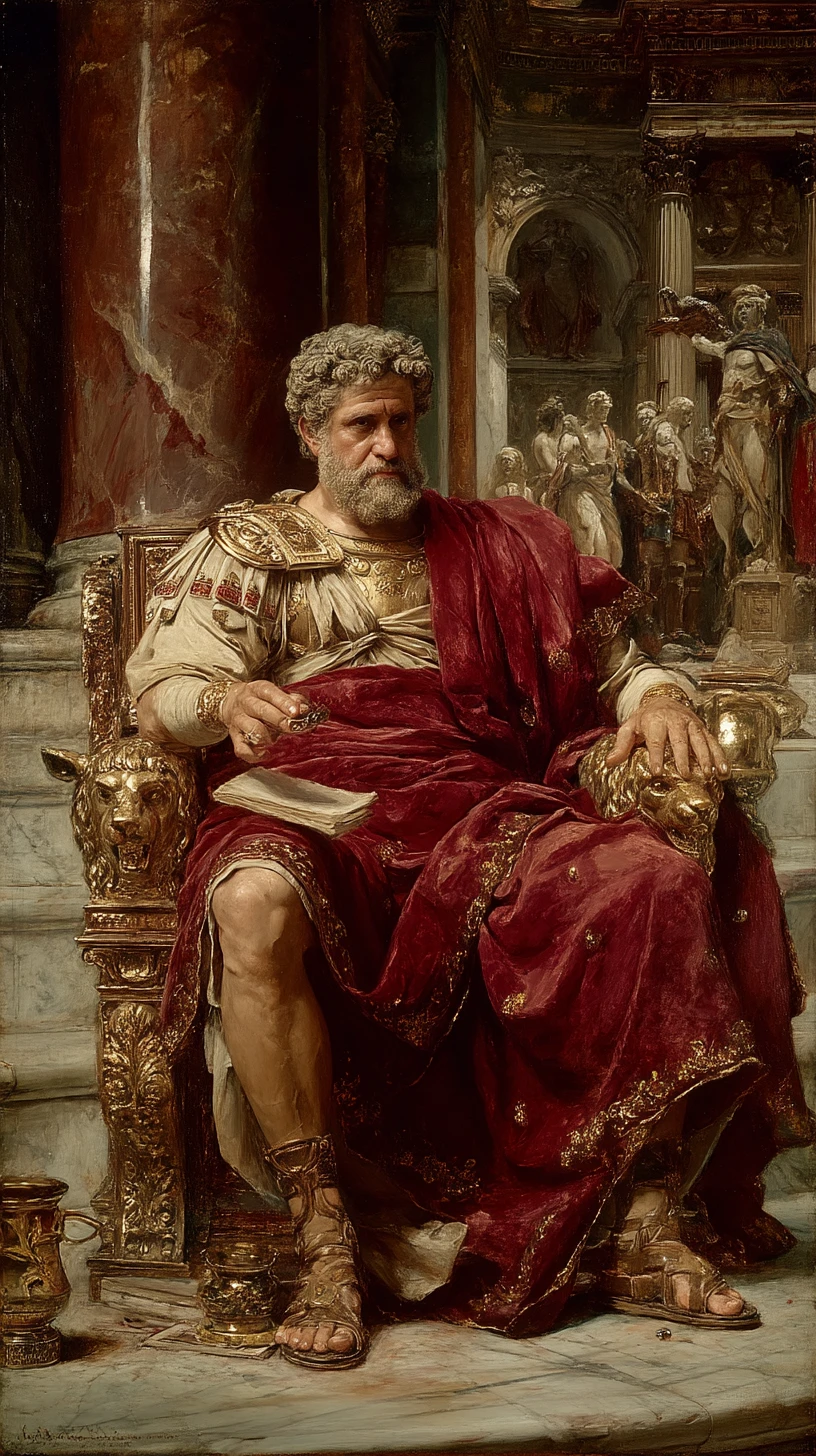 Ritratto di un imperatore romano su un maestoso trono di palazzo
